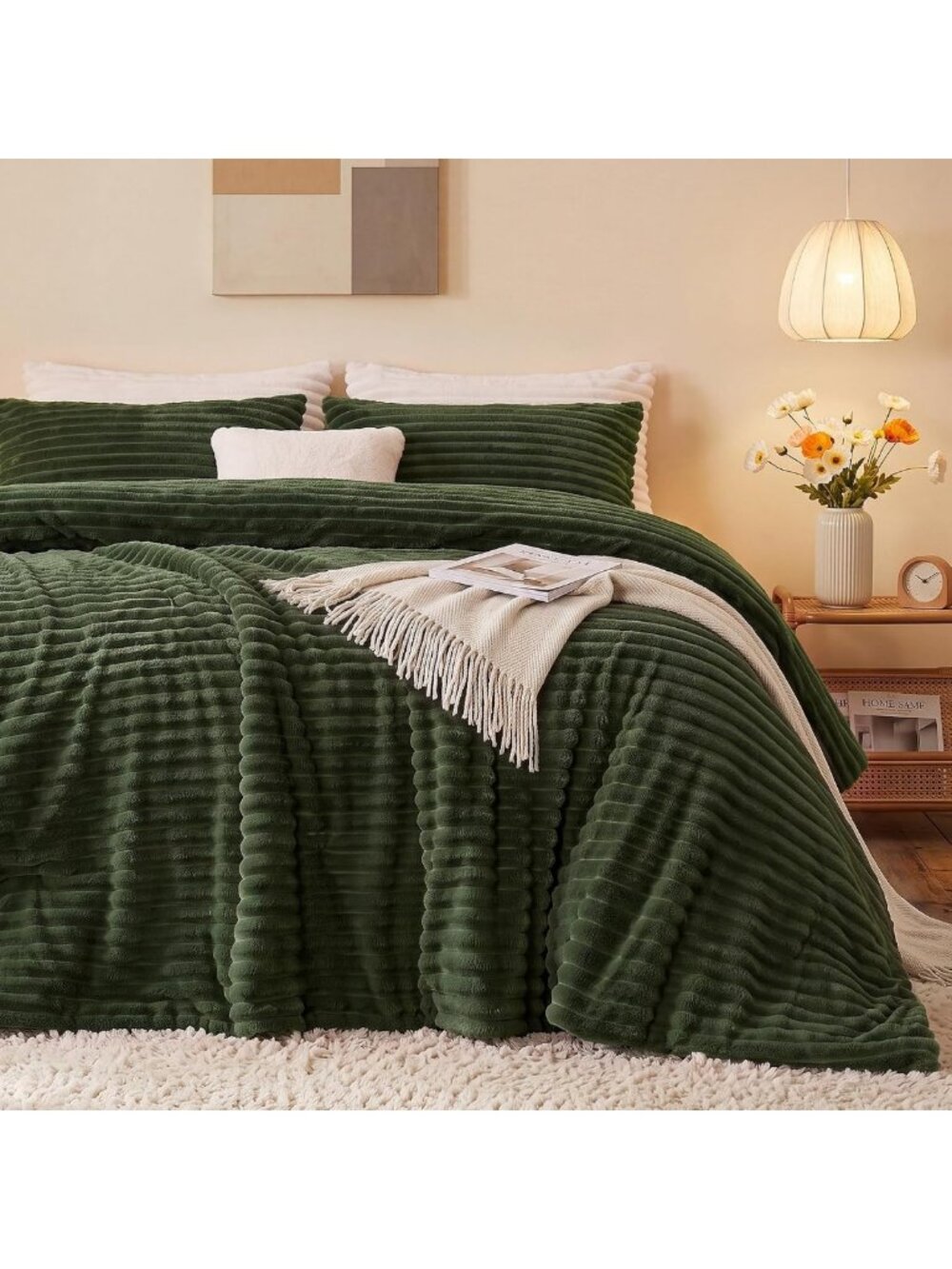 Cozy Olive Green Fluffy Queen Comforter Set - 3 Piece Plush Bedding